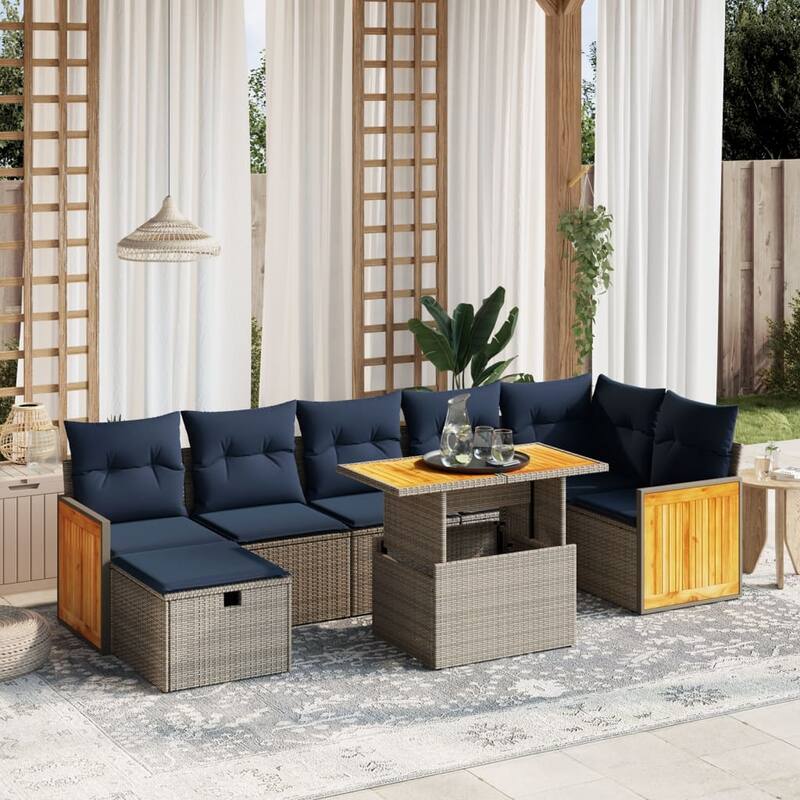 vidaXL 8 Piece Patio Sofa Set with Cushions Gray Poly Rattan Acacia - Grey  without storage