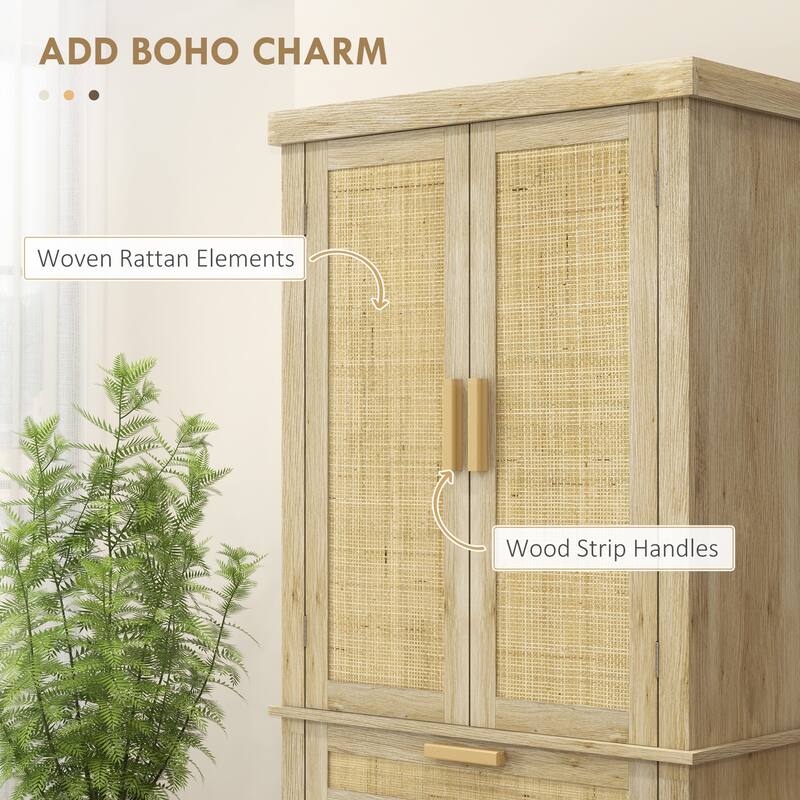 72" Tall Pantry Cabinet with Rattan Decorated Panel, Freestanding Boho Kitchen Storage Cabinet with 4 Doors, Drawer
