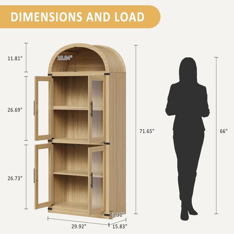71" Tall Arched Bookshelf - Wooden Bookcase Storage Cabinet Rounded Display Storage Shelves Cabinet