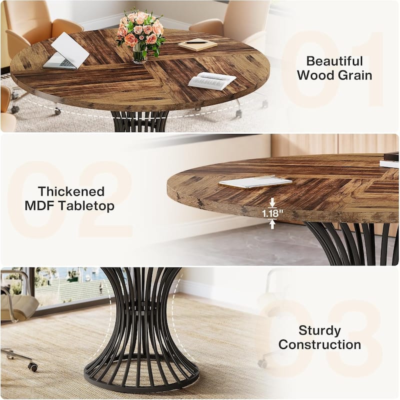 Wood and Metal Round Dining Table for 4 to 6 People - 46.85” x 46.85” x 29.92”
