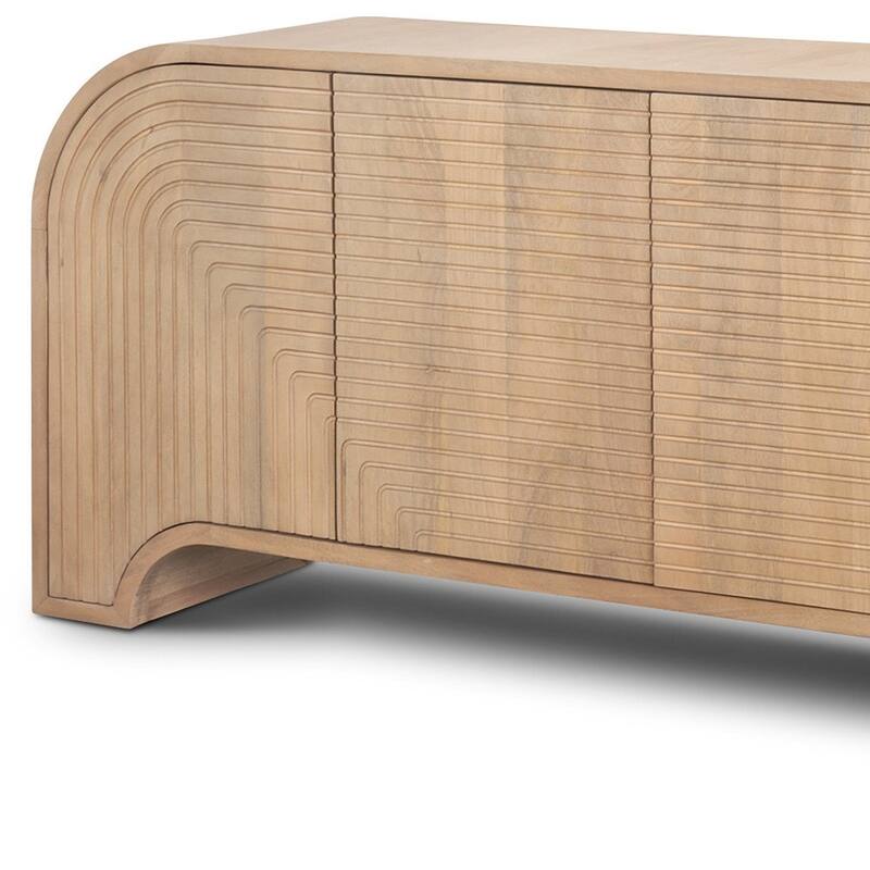 HomeRoots 72" Natural Solid Wood Ribbed Texture Sideboard With Four Doors - 72.00 in. x 30.00 in. x 16.00 in.