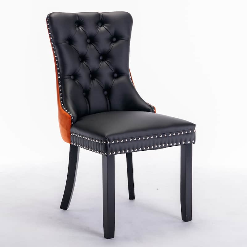 2PCS PU and Velvet Dining Chair with Wood Legs