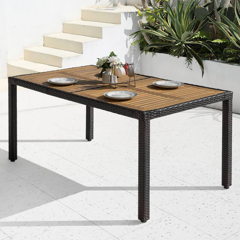 Patio Dining Table, Acacia Wood Top, PE Rattan-Wrapped Metal Frame, Black