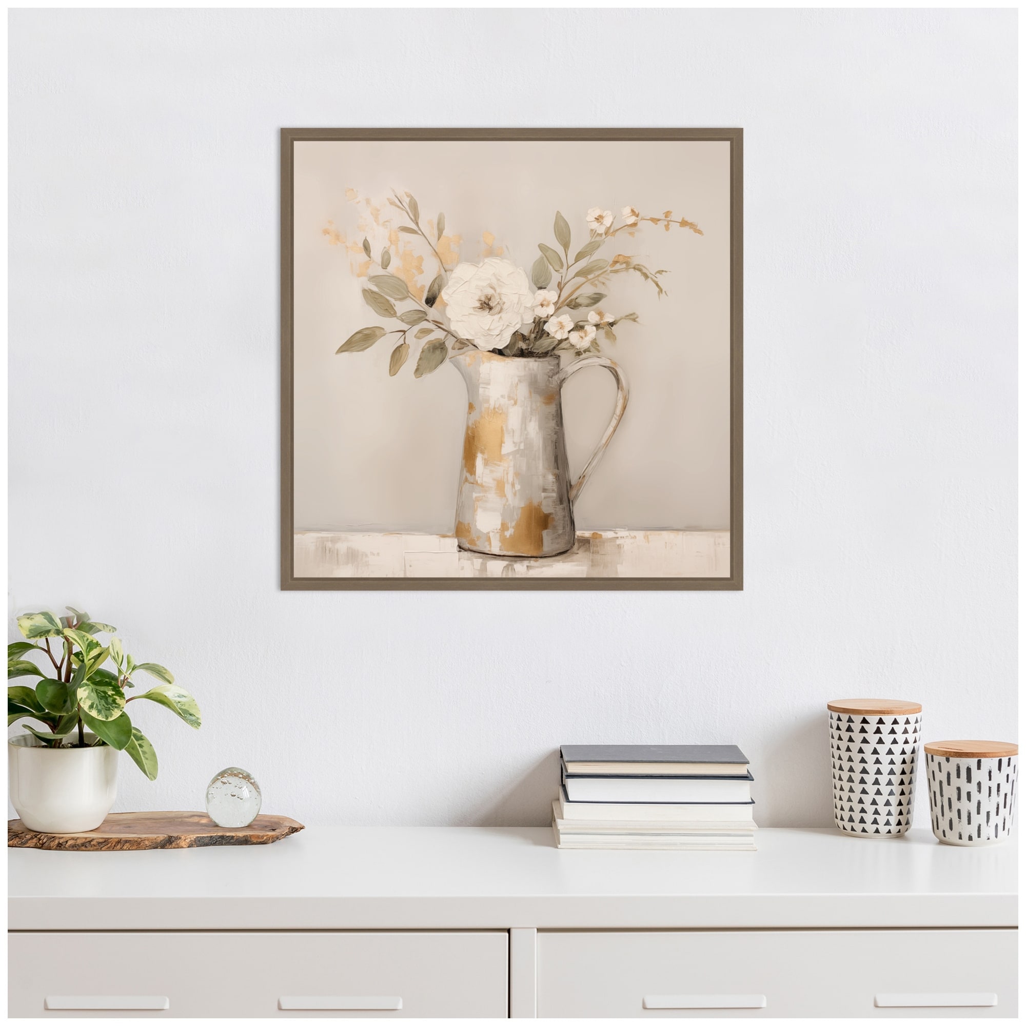 Kate and Laurel Sylvie Pitcher with Flowers Boho Country 1 Framed Canvas by The Creative Bunch Studio