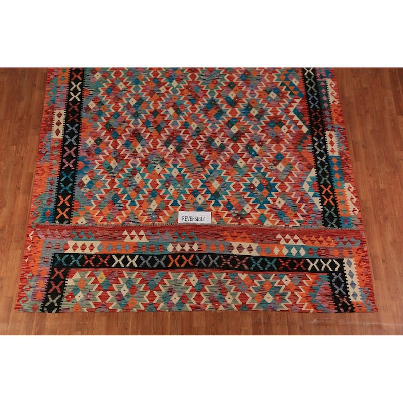 All-Over Geometric Kilim Oriental Area Rug Flatweave Wool Carpet - 8'7"x 11'4"