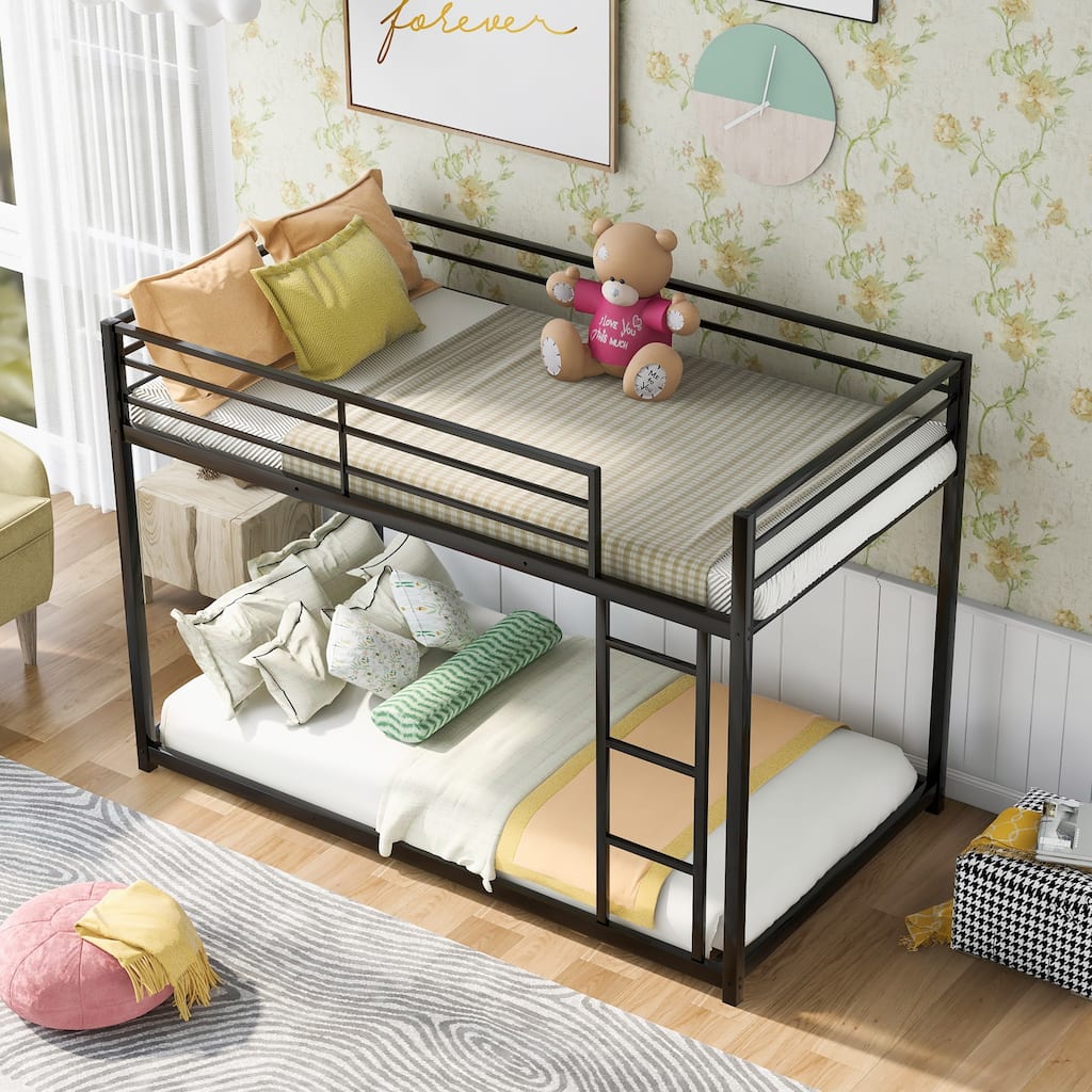 Twin/Full Kids Metal Bunk Bed, Metal Bedframe with Safety Guardrail and Ladder for Dorm,Bedroom,Guest Room,No Box Spring Needed