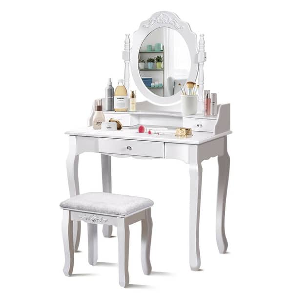 Shop Costway White Vanity Wood Makeup Dressing Table Stool 3