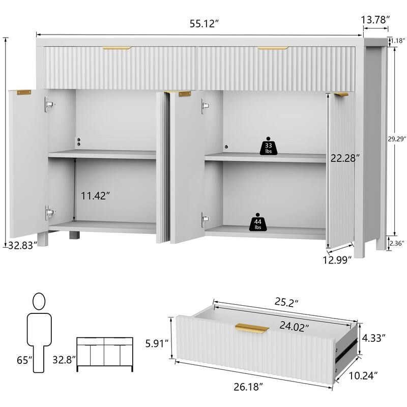 55"Fluted Sideboard Buffet Cabinet with Storage Drawers and Adjustable Shelves