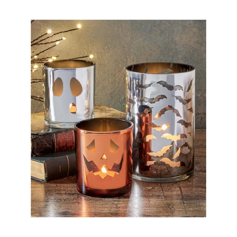 Halloween Jack O'Lantern Orange Mercury Glass Tealight Candle Holder, 3.0 x 3.0 x 3.5 inch