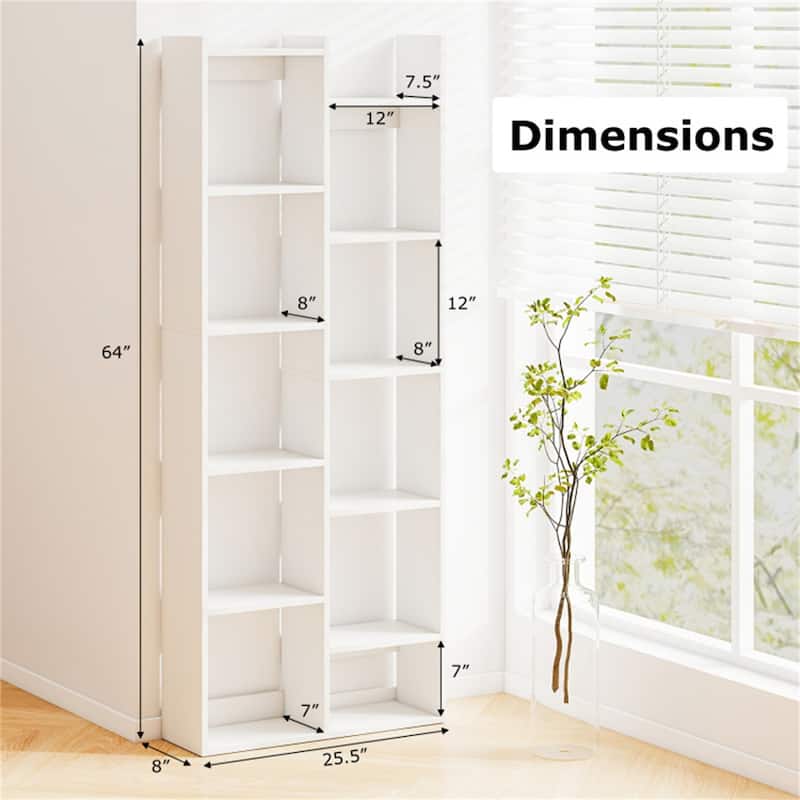 Engineered Wood Tree-Shaped 11-Tier Bookshelf with Cubes - 25.5" x 8" x 64"