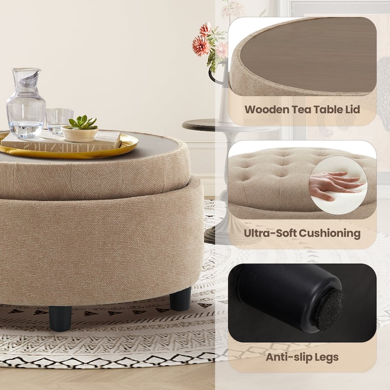 RENEWLINE Fabric Storage Ottoman with Tray Lid - Footrest & Hidden Storage for Living Room​