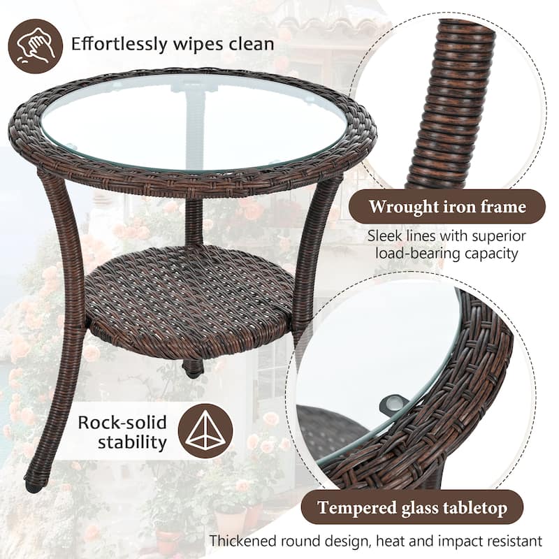 3 Pieces Rattan Bistro Set with A Glass Round Table for Patio