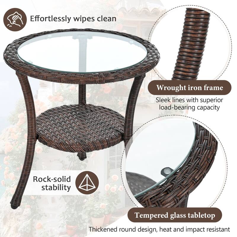 All Weather Outdoor Leisure Conversation Set, PE Rattan Single Chairs Set of 2 with A Glass Round Table