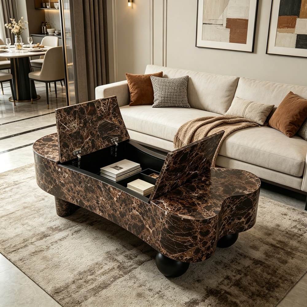 Faux Travertine Modern Irregular Coffee Table, Walnut Wood Texture Faux Marble Tabletop