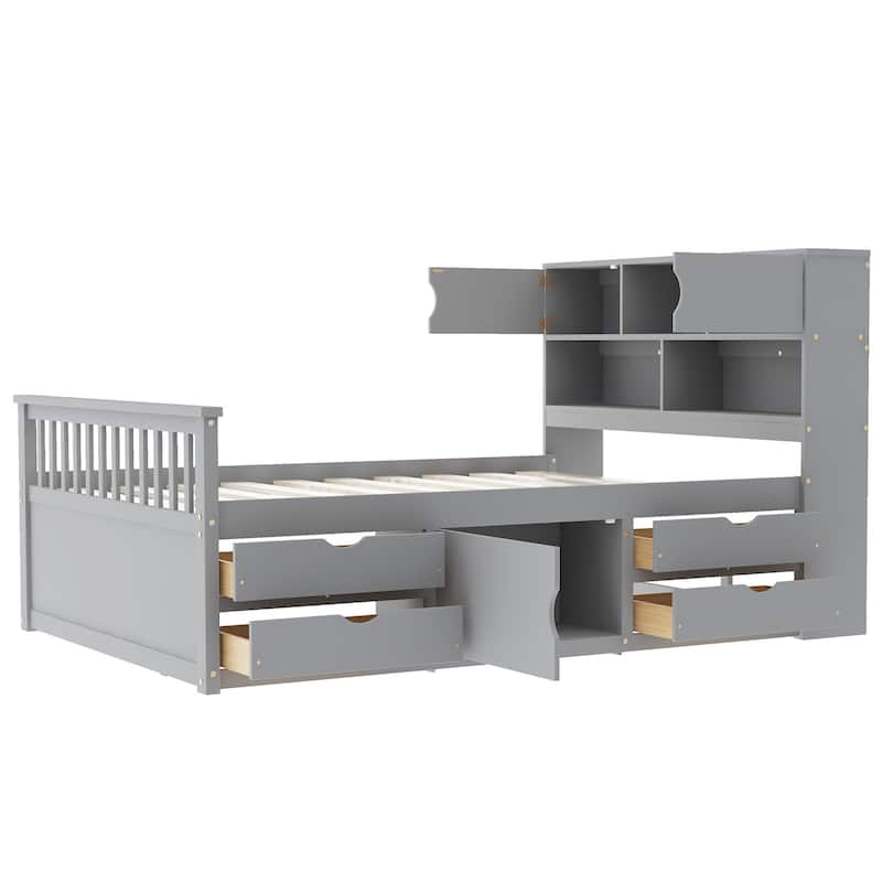 Captain Platform Bed Frame with Built-In Storage Bookcase, Shelves & Drawers