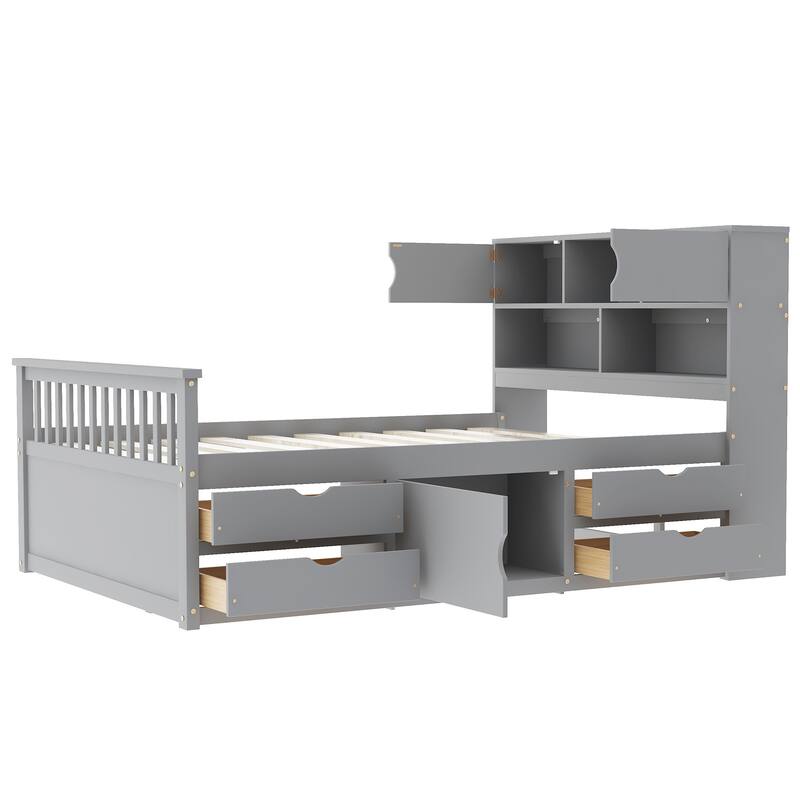 Full Size Captain Platform Bed Frame with Storage Bookcases Shelves and Four Drawers