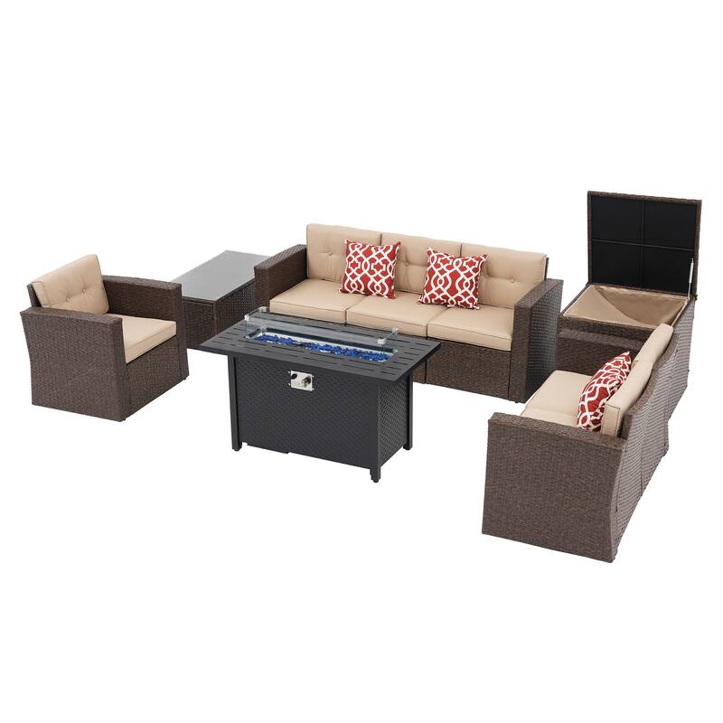 Outdoor 9 Pieces Wicker Sectional Sofa Set (Storage Box And Fire Pit