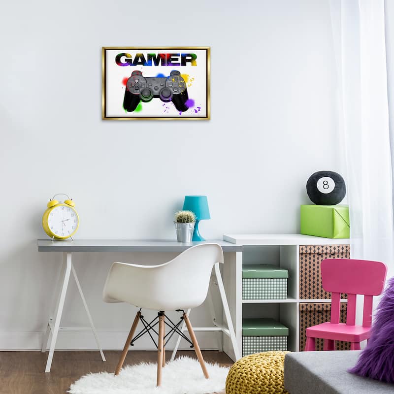 Stupell Gamer with Rainbow Splashes Framed Floater Canvas Wall Art Design By Marcus Prime