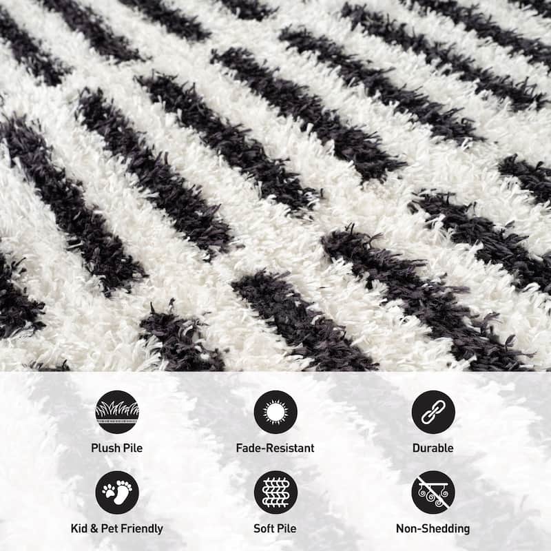 Bohemian Stripe Lines Shag Rug - Textured Surface - Anthracite Dark Gray - Easy to Clean