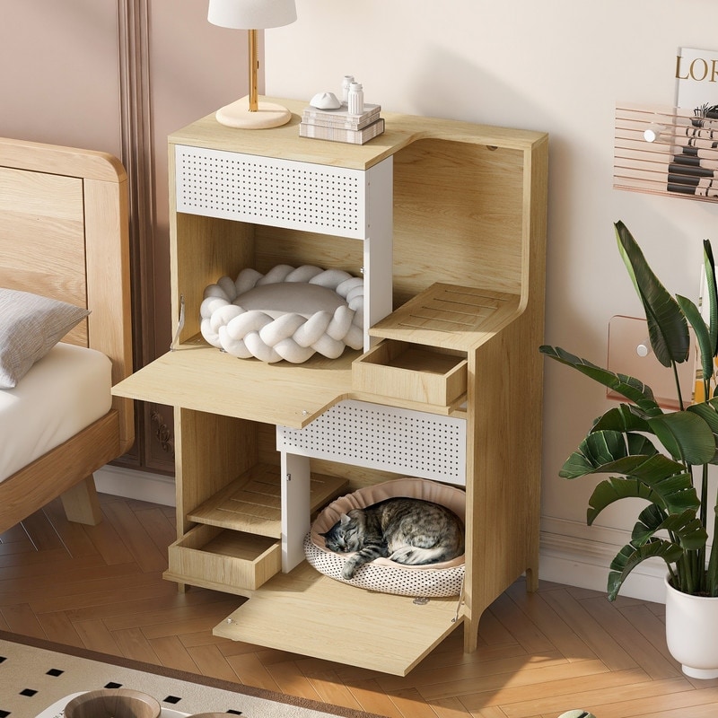 Multifunctional Natural Cat Litter Box House, Cat Cabinet with 2 Flip-down Door