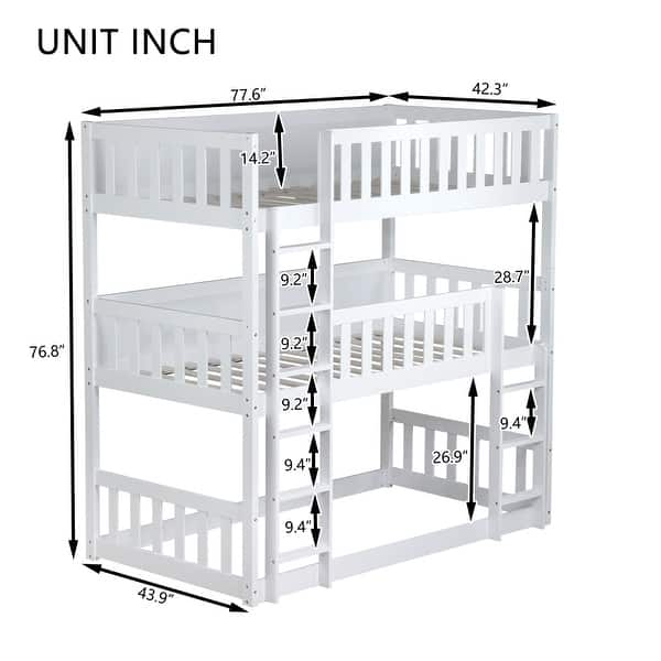 dimension image slide 1 of 2, Twin Size Triple Rubber Wood Bunk Bed with Ladders, Guardrails Detachable Bunk Bed, Twin over Twin over Twin