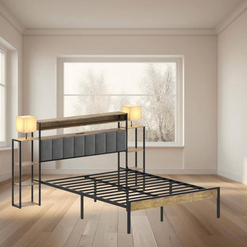 Queen King Size Platform Bed Frame with Storage, LED Lights, and Charging Station, Velvet Upholstered Headboard for Bedroom - Dark Gray - Queen