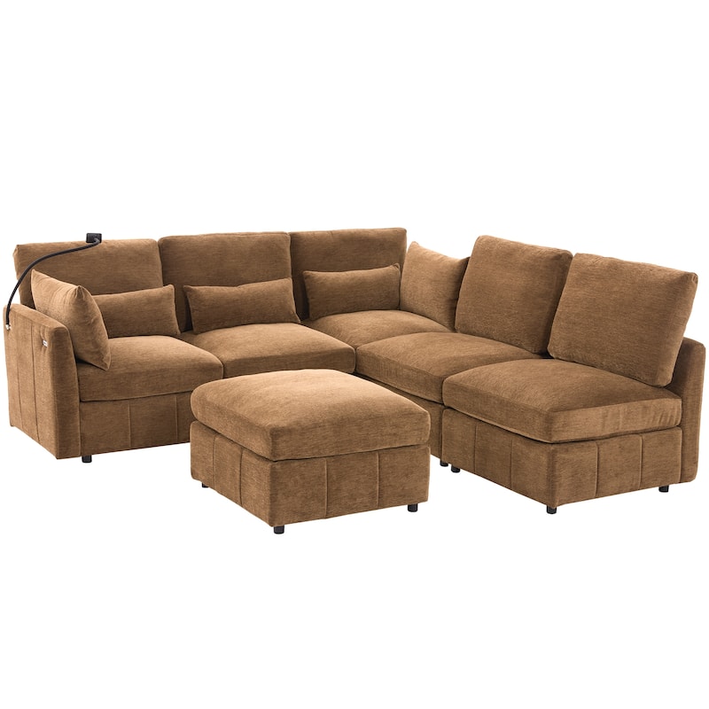Modular Sectional Sofa with Movable Ottoman Convertible L-Shape or U-Shape Sofa Bed Built-in USB Charging Ports and Phone Holder