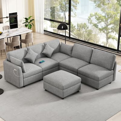 85.4" Modern U-shaped Chenille Modular Sectional Sofa with Movable Ottoman and Two USB Ports