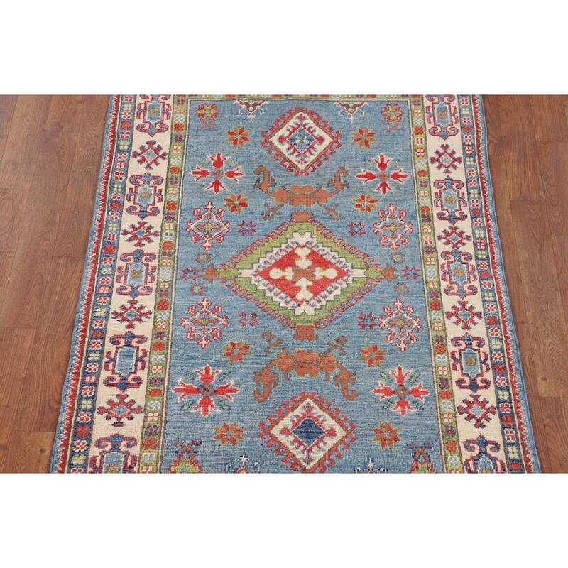 Light Blue Geometric Kazak Rug Hand-Knotted Wool Carpet - 3'3" x 4'11"