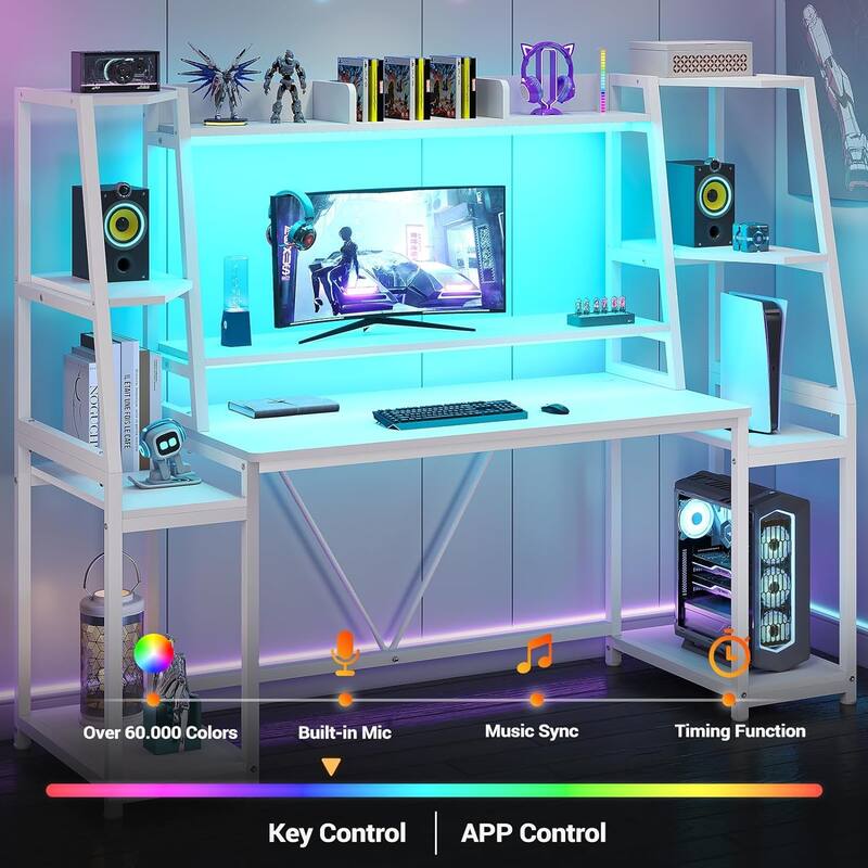 Gaming Desk LED Lights Hutch and Storage Shelves PC Gamer Desk