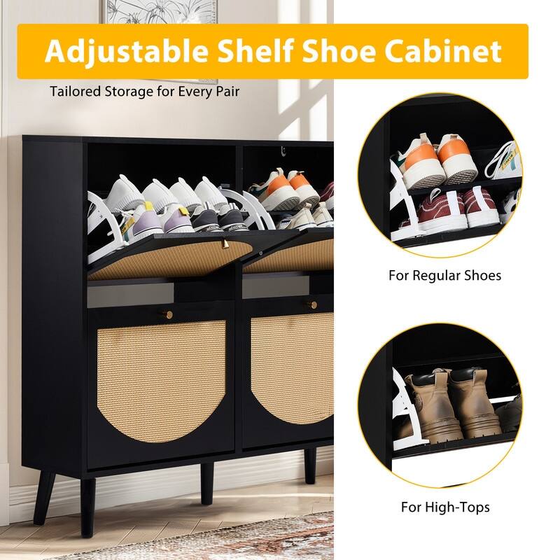 Rattan Shoe Cabinet with 2 / 4 Flip Drawers, Narrow Shoe Storage Cabinet,Organizer for Entryway, Bedroom, Living Room