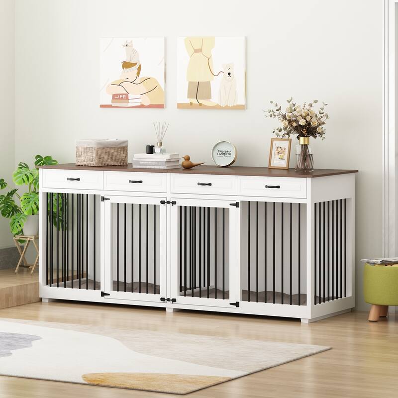 Wooden Dog Crate Kennel Furniture for 2 Dogs with Divider & Drawers