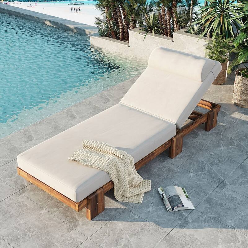 78.8'' Acacia Wood Outdoor Chaise Lounge Adjustable Recliner with Headrest & Retractable Side Tray - N/A