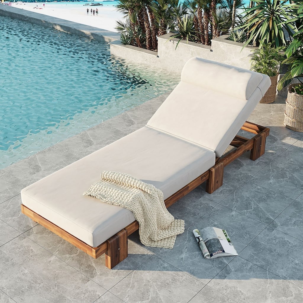 78.8'' Acacia Wood Outdoor Chaise Lounge Adjustable Recliner with Headrest & Retractable Side Tray - N/A