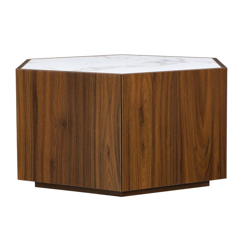 Hexagonal Rustic Retro Wood Coffee Table, with 2 Hidden Drawers, Textured White Marble Tops,Walunt Oak Finish - Perfect