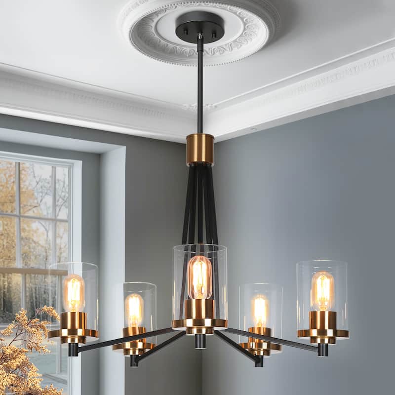 Modern Glam 5-Light Black Gold Chandelier Dining Room Chandelier with Cylinder Glass - 25 " D