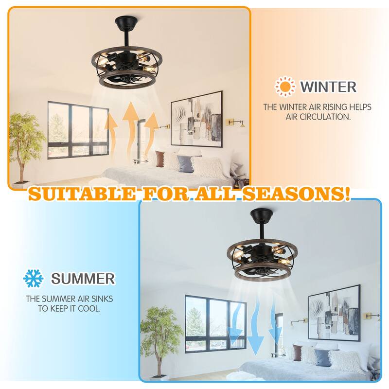 CurveCurio18" Small Farmhouse Ceiling Fan Light 4-Light Solid Wood Shade Quiet Motor w Remote Control Included for Bedroom