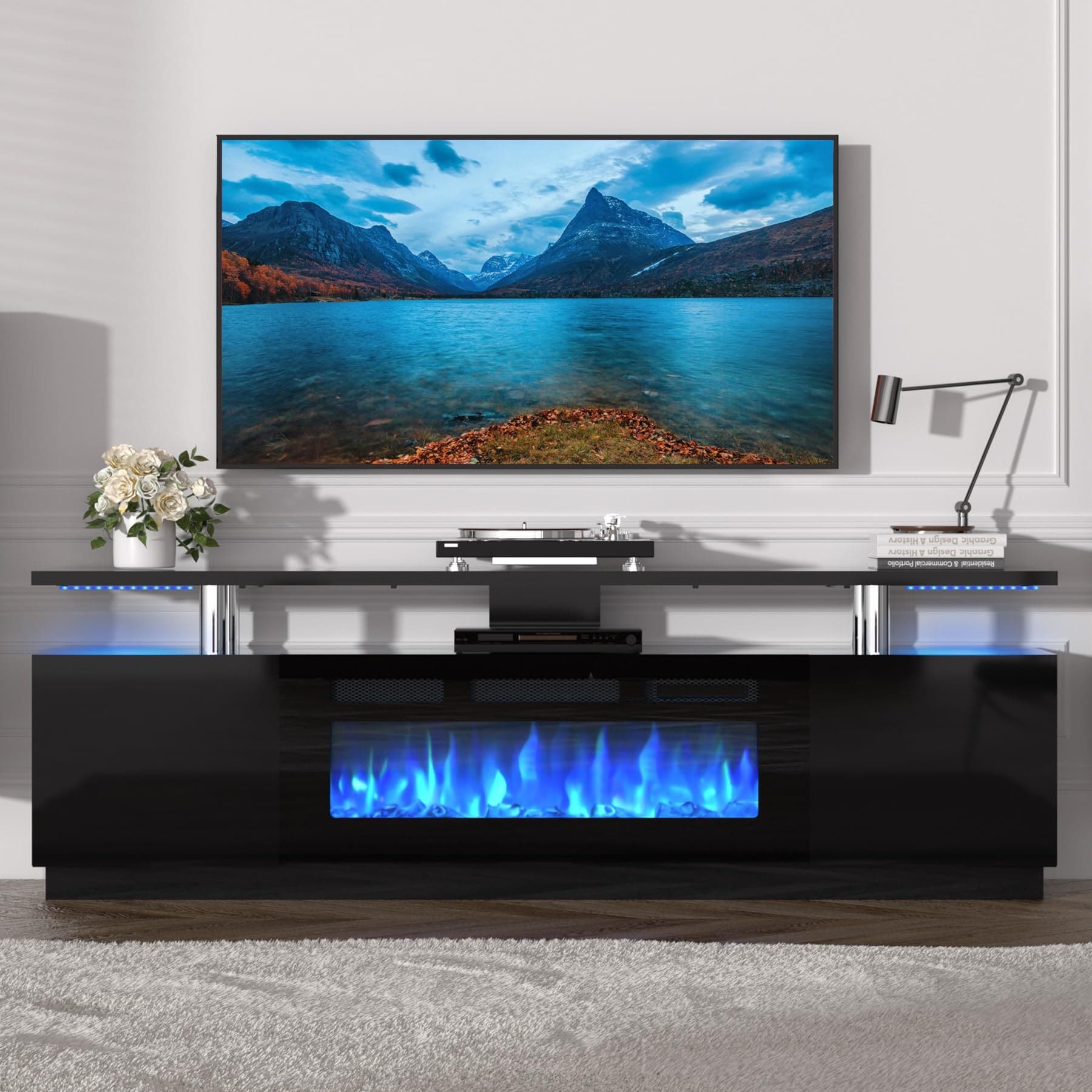 70" Fireplace TV Stand for TVs up to 80", Entertainment Center with 36" Electric Fireplace, LED Lights & Storage