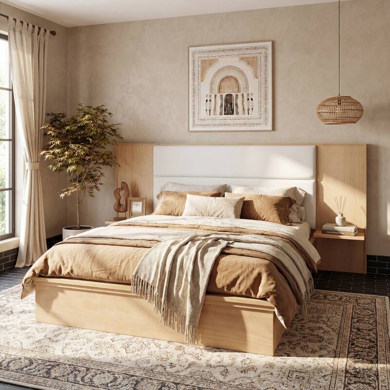 Christopher Knight Home - Avery Platform Bed Frame with Upholstered Headboard & Built-In Side Shelves, No Box Spring Needed