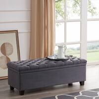 BELLEZE 48" Rectangular Hinged Lid Lift Top Laguna Button Tufted Fabric Storage Ottoman Bench, Grey