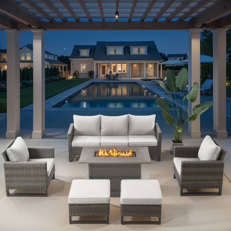 Outdoor Sofa Patio Chairs Ottomans with Fire Table - Grey - Beige