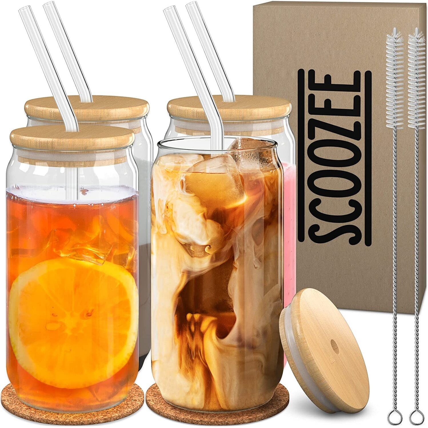 4pc Set Drinking Glasses With Bamboo Lids, Glass Straws & Straw Cleaners  16oz