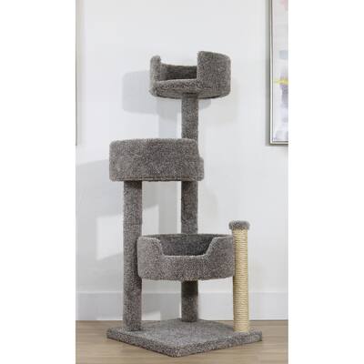 Four-Level Solid Wood Carpet Cat Tree with Deep Round Beds, Tall Walls and Multiple Sisal Rope Posts for Large Indoor Cats