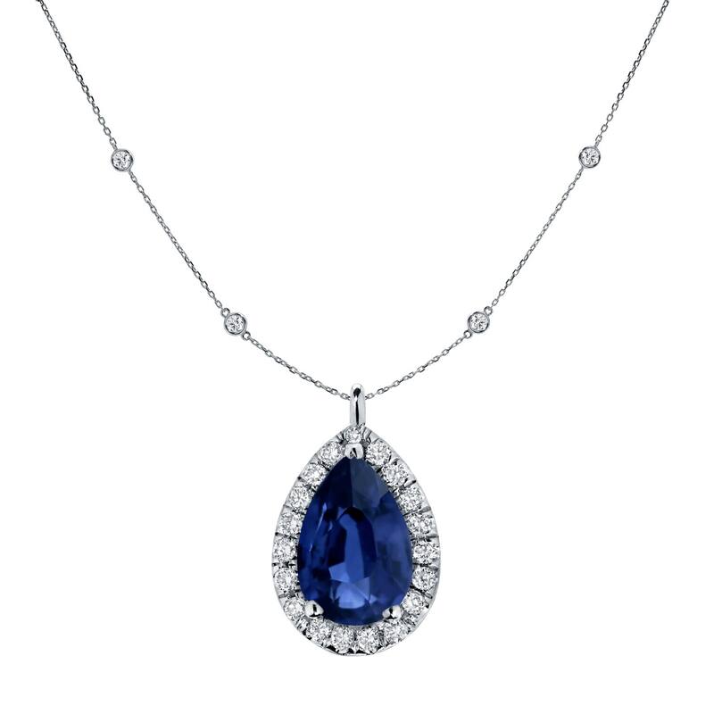 Auriya 14k Gold 1ct Pear-Shaped Blue Sapphire and Diamond Halo Necklace - White