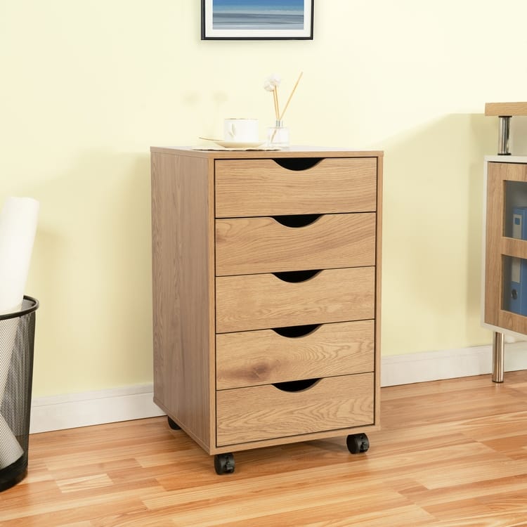 5 Drawers Chest, Wood Storage Dresser with Wheels, Craft Storage Organizer and Storage Drawer Office Drawer Unit - Natural