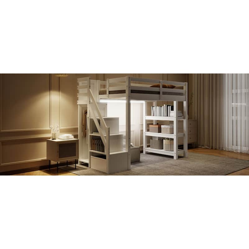 Roomfitters Twin/Full Size Loft Bed with Wardrobe, Storage Staircase and LED Light, White