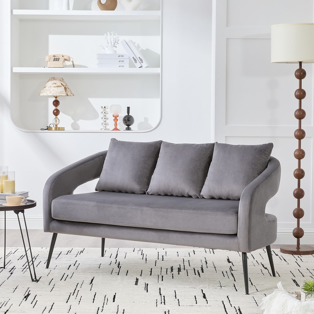 53.7 inch Modern Velvet Open Back Loveseat 3 Pillows 2 Seater Metal Legs Charcoal Small Space