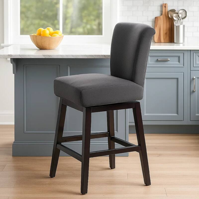 Swivel Barstool Chair, Modern Charcoal Gray Upholstery. Espresso Brown