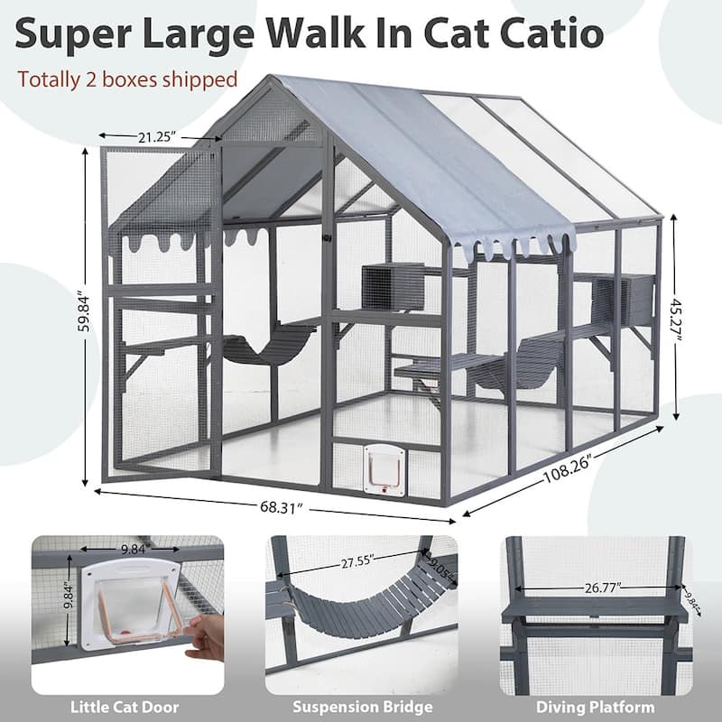 Wooden Cat Cage, Outdoor Large Cat Playpen with Platforms