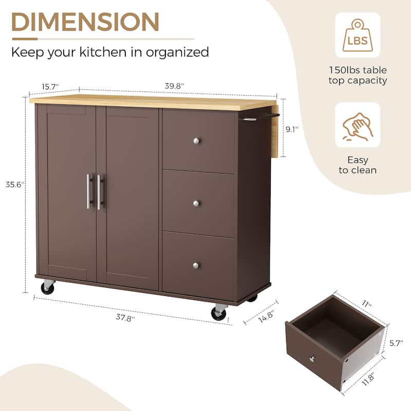 Rolling Kitchen Island with Storage Cabinet & 3 Drawers – Mobile Storage Cart with Extendable Countertop for Small Spaces